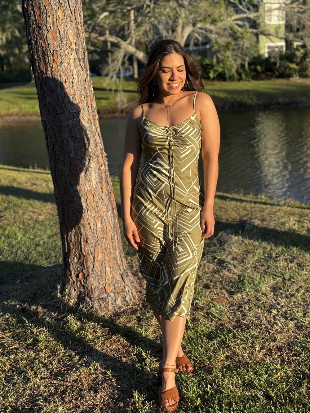 Olive Green Geometric Lace-Up Midi Dress silk-like